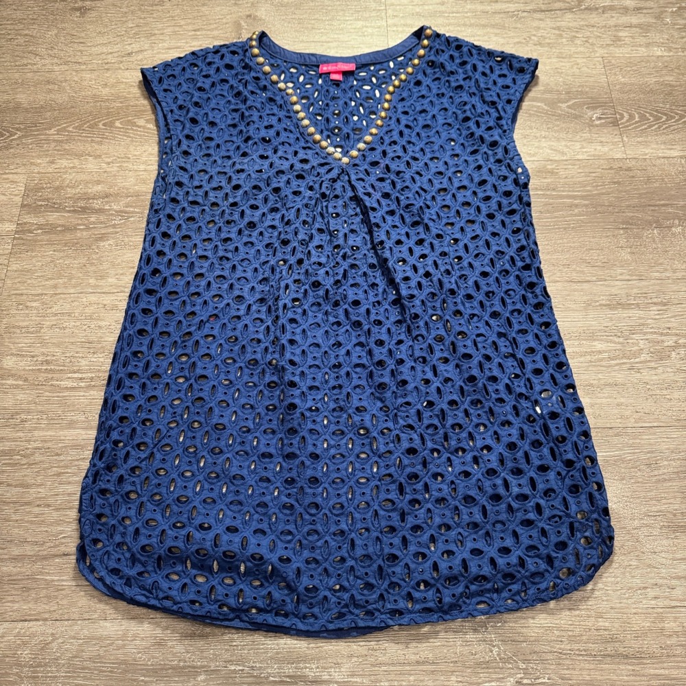 Lilly Pulitzer Shirt Womens L Blue Cotton‎ Eyelet Beaded Summer Vacation Preppy
